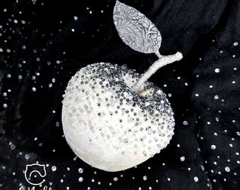 Decorative velours apple Winter. Embroidered with beaded apple. home decor. Textile fruits.