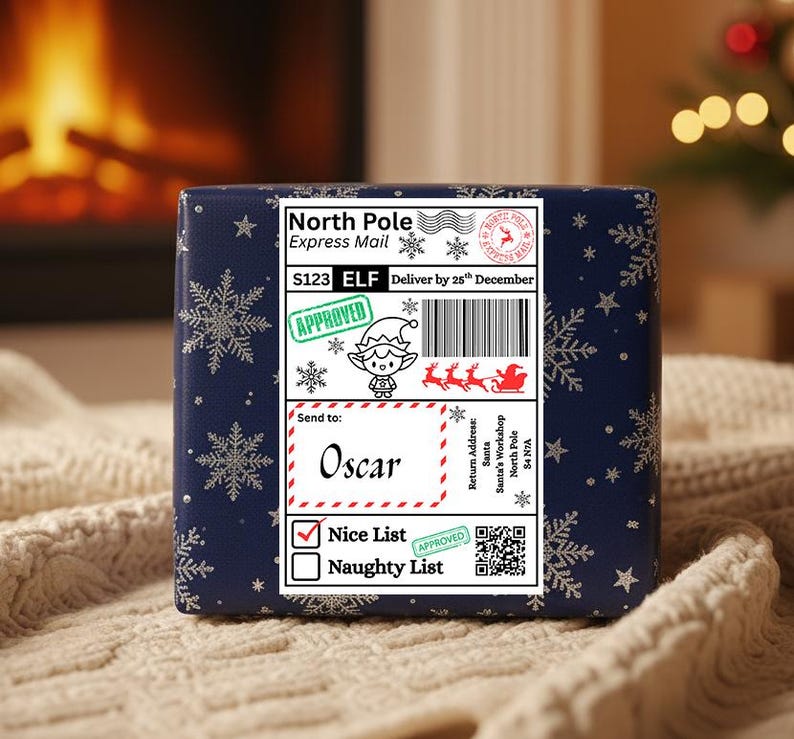 Personalised Santa Postage Label | Custom 6x4 Christmas Present Gift Tags | Mail From Santa Claus Elf