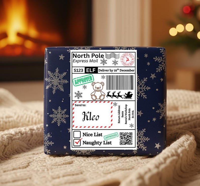Personalised Santa Postage Label | Custom 6x4 Christmas Present Gift Tags | Mail From Santa Claus Teddy