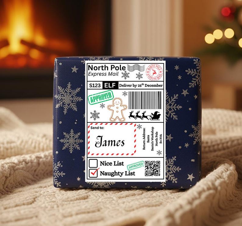 Personalised Santa Postage Label | Custom 6x4 Christmas Present Gift Tags | Mail From Santa Claus Gingerbread