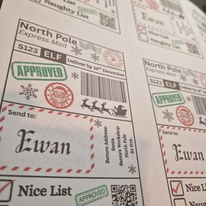 May include: Printed sheets of North Pole Express Mail labels. Each label features the name "Ewan", a "Nice List" check box, and a "Naughty List" check box. The labels include "APPROVED" stamps, snowflakes, and a Santa Claus seal.