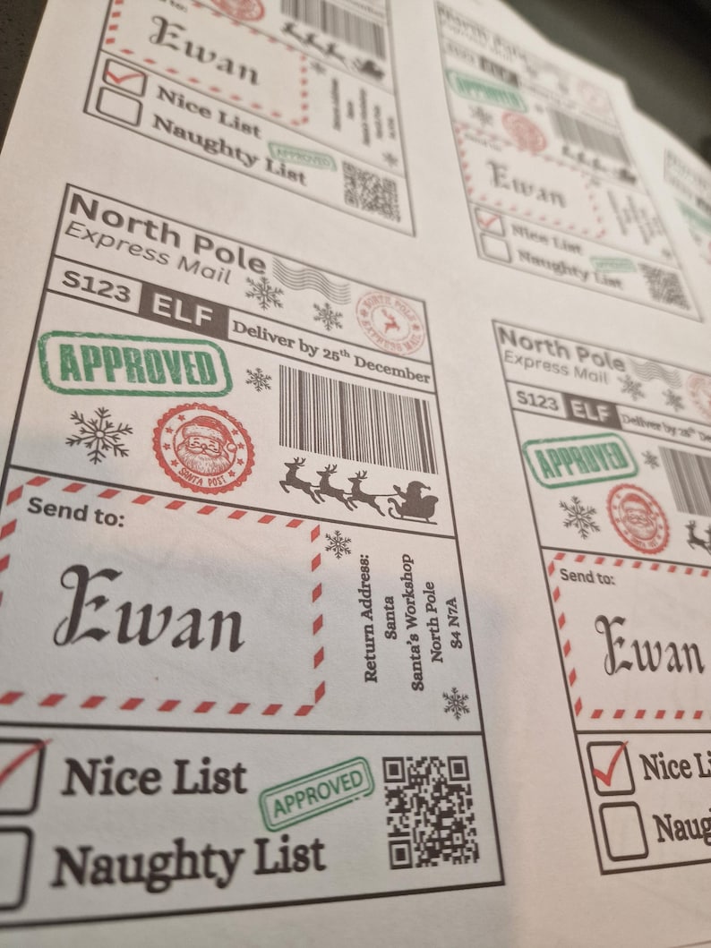May include: Printed sheets of North Pole Express Mail labels. Each label features the name "Ewan", a "Nice List" check box, and a "Naughty List" check box. The labels include "APPROVED" stamps, snowflakes, and a Santa Claus seal.