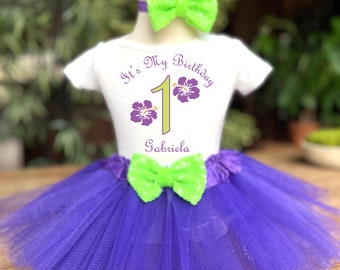 Pretty Luau Purple Green Flower 1st 2nd 3rd 4th 5th Girl Tutu Outfit Set Shirt Bodysuit Onesie® Tee T-shirt Headband Baby Toddler Girl Baby