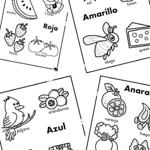 Op de afbeelding: Zwart-wit educatieve flashcards met illustraties van fruit, groenten en andere objecten. Elke kaart bevat een kleurnaam in het Spaans, zoals "Rojo" (rood) en "Amarillo" (geel), samen met bijbehorende afbeeldingen.