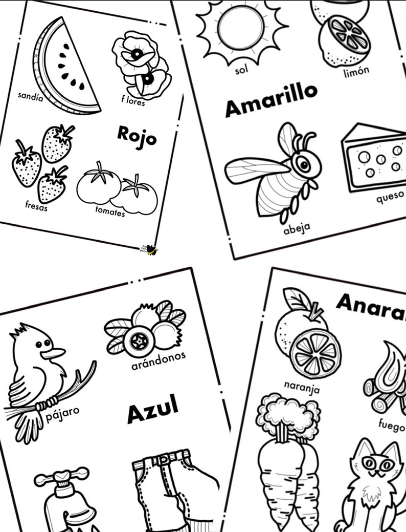 Op de afbeelding: Zwart-wit educatieve flashcards met illustraties van fruit, groenten en andere objecten. Elke kaart bevat een kleurnaam in het Spaans, zoals "Rojo" (rood) en "Amarillo" (geel), samen met bijbehorende afbeeldingen.