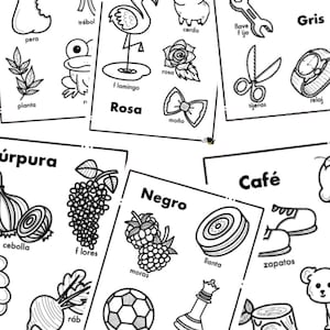 Op de afbeelding: Zwart-wit flashcards met Spaanse woorden en illustraties. De kaarten bevatten tekeningen van een peer, een flamingo, een varken, een roos, een strik, een zaag, een schaar, een horloge, een voetbal en een schaakstuk.
