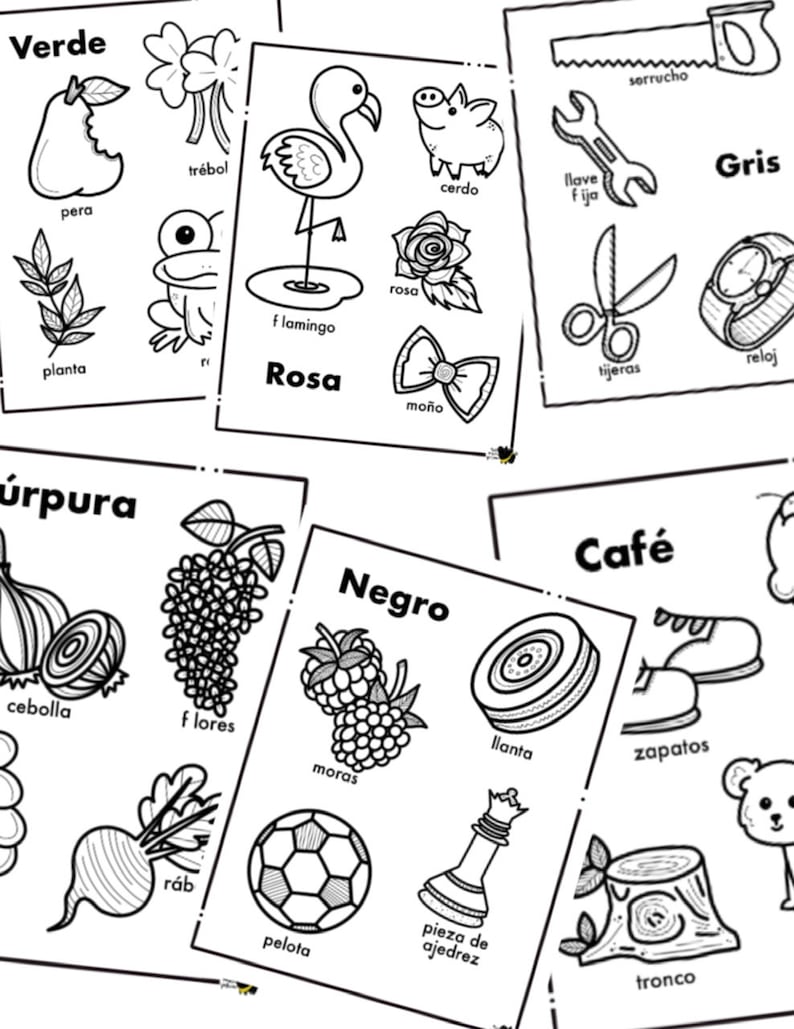 Op de afbeelding: Zwart-wit flashcards met Spaanse woorden en illustraties. De kaarten bevatten tekeningen van een peer, een flamingo, een varken, een roos, een strik, een zaag, een schaar, een horloge, een voetbal en een schaakstuk.