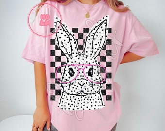 Cute Easter Bunny PNG Black and White Easter Shirt Design Bunny with Glasses Sparkly Checkered