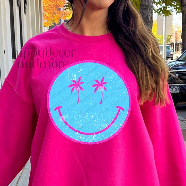 Distressed Retro Palm Trees Smiley Face PNG Boho PNG Smiley Sublimation Smiley Face Shirt Retro PNG Pink Palm Tree Shirt Instant Download