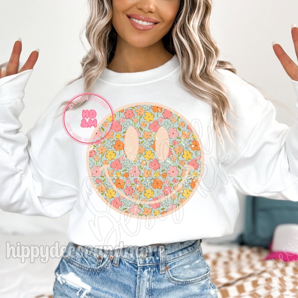 Distressed Retro Smiley Face PNG Spring Flowers PNG Boho PNG Smiley Shirt Design