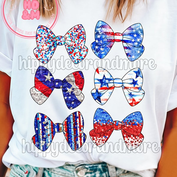 Patriotic Bows PNG 4th of July PNG Trendy Girl 4th of July Shirt Design Sparkly Faux Glitter Bows