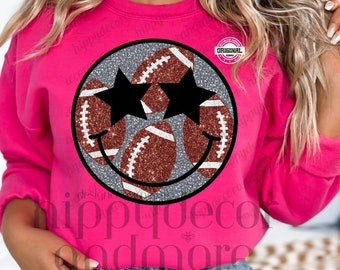 Football PNG Smiley Face PNG Retro Football Vibes Game Day Girly Smiley Sublimation Design Glitter Sparkly Fall Shirt