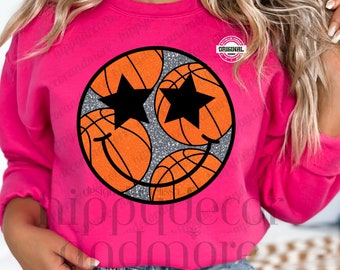 Basketball PNG Star Eyes Smiley Face PNG Basketball Happy Sublimation Back to School Sports PNG Coach Team Sparkly Basketball Shirt