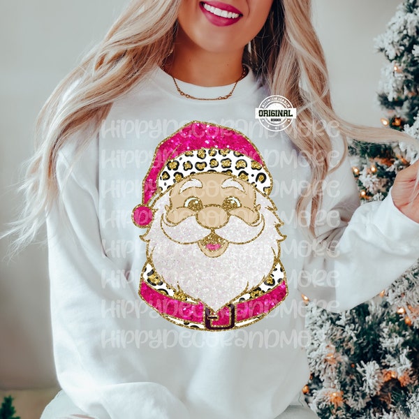 Retro Santa PNG Pink Vintage Christmas PNG Christmas Sublimation Design Leopard Print Sparkly Glitter PNG