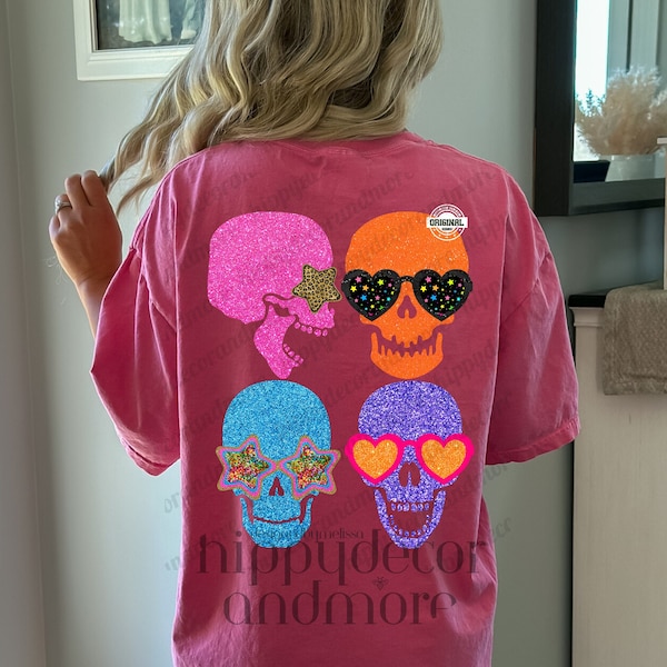 Spooky Halloween PNG Halloween Skeletons PNG Sparkly Glitter Skeleton with Sunglasses PNG Stars Hearts Retro Vintage Halloween Sublimation