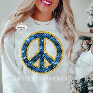 Sequins Peace PNG Sparkly Glitter Christmas Shirt Sublimation Vector Sequin PNG Blue Gold Peace Sign PNG