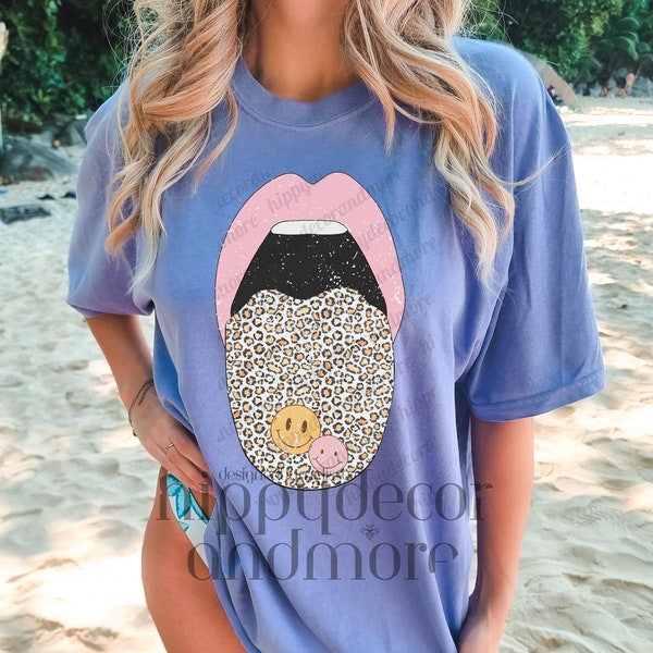 Trendy VSCO Tongue PNG Leopard Print Smiley Face PNG Screen Print Transfer Sublimation Pink Lips Mouth