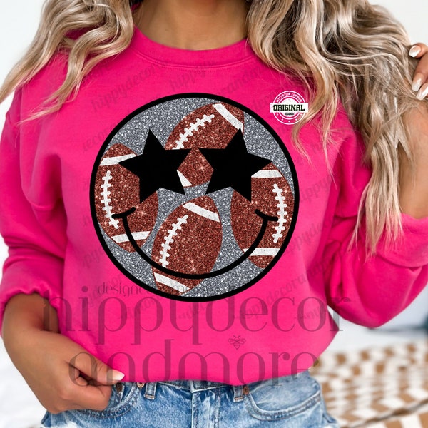 Football PNG Smiley Face PNG Retro Football Vibes Game Day Girly Smiley Sublimation Design Glitter Sparkly Fall Shirt
