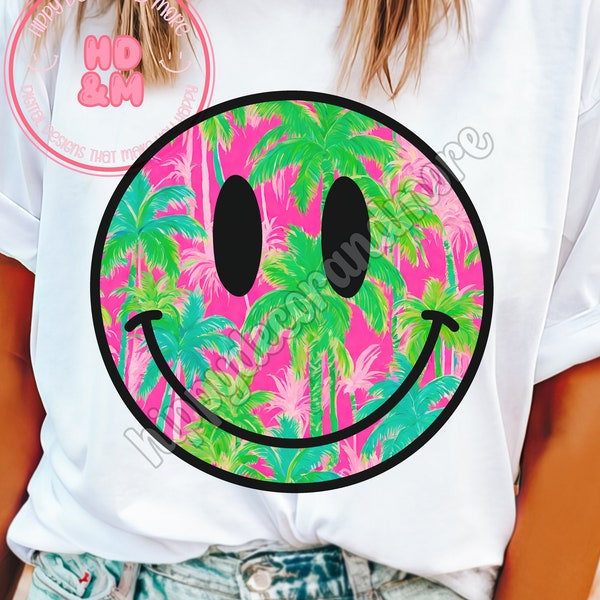 Palm Tree Smiley Face PNG Tropical Beach Vibes Neon Pink Green Palm Trees PNG Smiley Shirt Design Summer Time