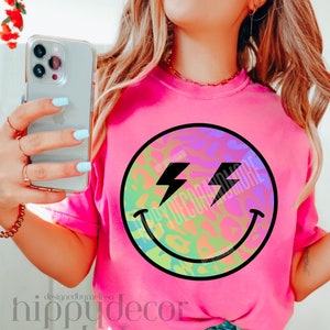 Rainbow Smiley Face PNG Rainbow PNG Smiley Sublimation Smile Face Transfer Happy Face Sticker Trendy Smiley Face Shirt Lightning Bolt