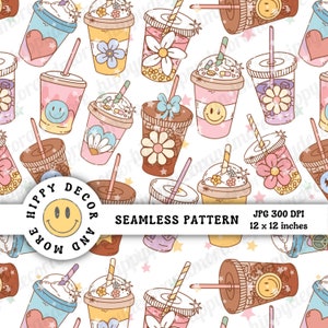 Cute Drinks Summer Seamless Pattern Digital Seamless Pattern for Fabric Sublimation Retro Summer Iced Coffee Daisy Girly