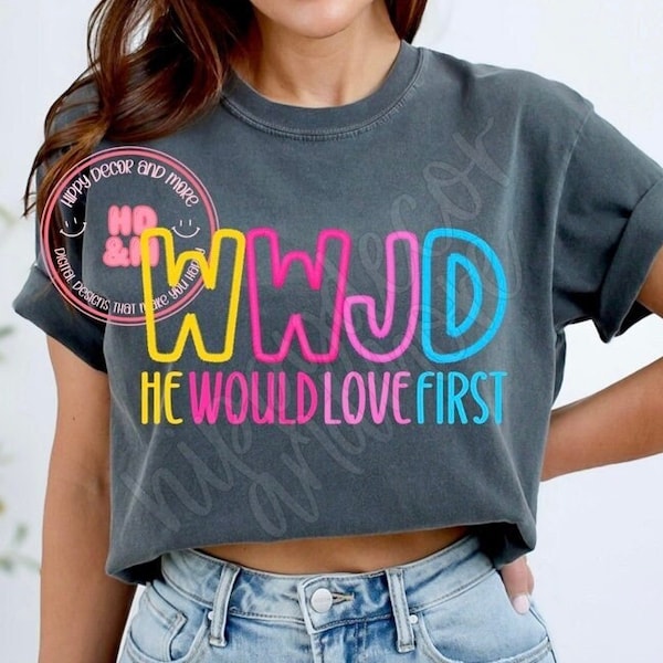 WWJD Png Christian Shirt Design Faux Embroidery Letters Bright Colorful What Would Jesus Do Png