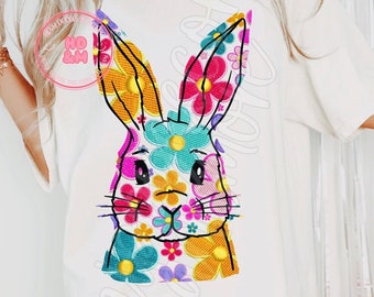 Easter Bunny PNG Faux Embroidered Daisy’s PNG Flowers Spring Easter Shirt Design Bunny Shirt Design