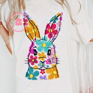 Easter Bunny PNG Faux Embroidered Daisy’s PNG Flowers Spring Easter Shirt Design Bunny Shirt Design