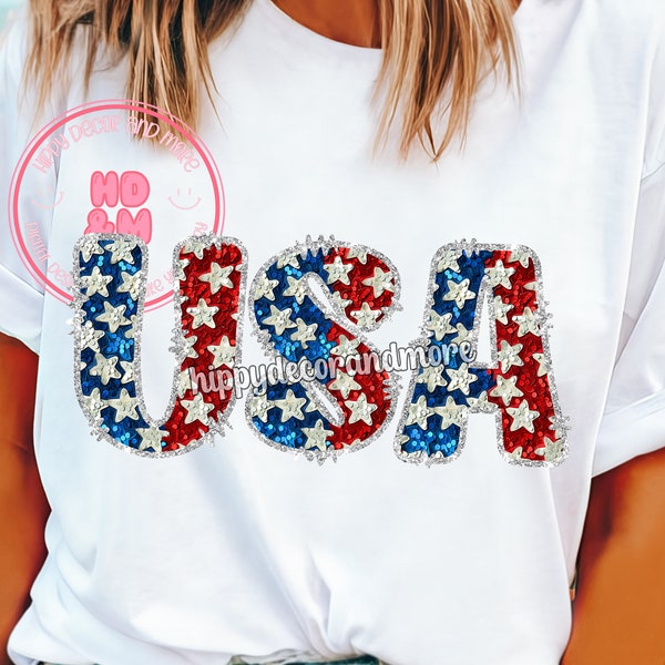 Sparkly USA PNG Faux Sequins Stars USA Shirt Design 4th of July Png Fourth of July Shirt Design