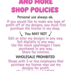 Peut inclure: Graphique rose et blanc avec le texte "HIPPY DECOR AND MORE SHOP POLICIES". Le texte d&eacute;taille les politiques de la boutique, y compris l'utilisation personnelle, les licences et les restrictions sur les modifications de conception et les ventes num&eacute;riques. La vente en gros est interdite.