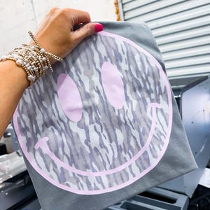 Camo Smiley Face PNG Trendy Preppy PNG Camouflage Easter Camo Spring Camo Mama Pink Smiley shirt Sublimation DTF Design