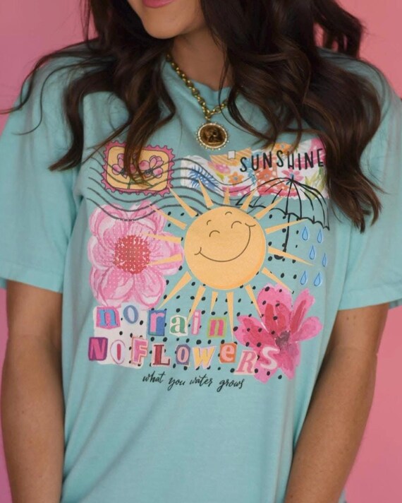 Sunshine PNG Spring Collage PNG No Rain No Flowers Vintage Retro Flowers Retro Collage Stamps Watercolor Spring Shirt Design