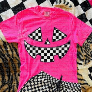 Checkered Pumpkin Smiley Face PNG Fall PNG Jack O’ Lantern Face Halloween Shirt Design Black And White Checkerboard