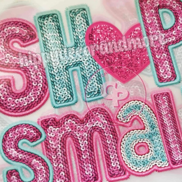 Shop Small PNG Sparkly Faux Sequins Letters Shop Small Tote Bag Design Pink Teal Embroidery Letters