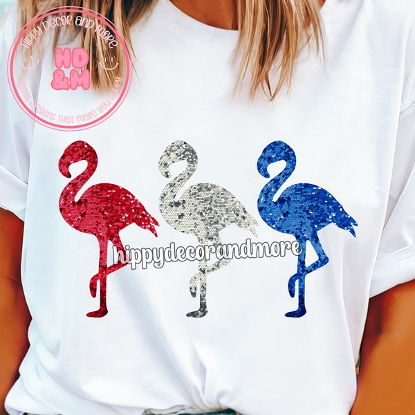 American Flamingos PNG Faux Sequins USA PNG Red White Blue Birds Beach Shirt Design 4th of July Png