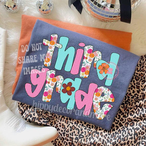 Seersucker PNG Checkered Floral Grandmillenial Third Grade PNG Third Grade Shirt Design Fall PNG 3rd Grade