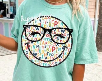 Teacher PNG Smiley Face PNG Alphabet School Shirt Sublimation Design Glasses  Transfer Eyelashes Happy Face Teacher Gift Ideas