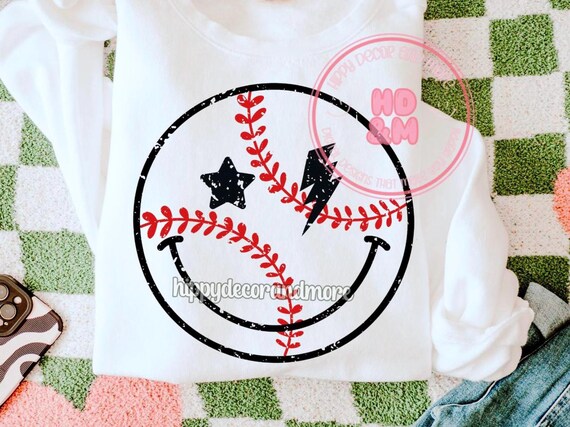 Distressed Baseball Smiley Face PNG Retro Sublimation Distressed Happy Face png Baseball PNG Baseball Shirt Trendy
