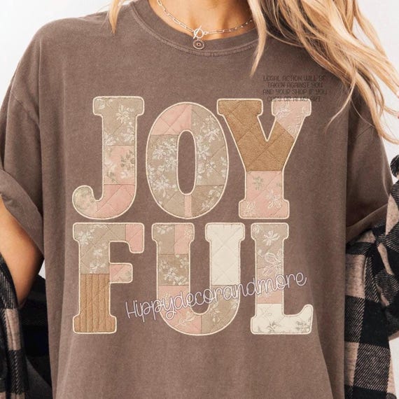 JOYFUL Patchwork Letters PNG | Quilted Fabric Word Art | Cottagecore Christmas Printable | Neutral Pink & Beige Typography Decor | Digital