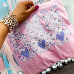 Easter Bunnies PNG Coquette Bunny Trio Floral Bows Pink Blue Pastel Easter Girly Easter Shirt Design Coquette Easter PNG