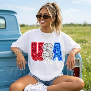 USA PNG 4th of July Shirt Design Sparkly Faux Sequins 4th of July PNG Red White Blue Letters Png