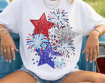 Sparkly 4th of July PNG Fireworks Stars Faux Glitter Faux Embroidery Stars 4th of July Shirt Design