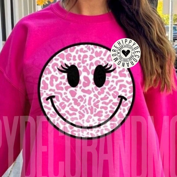 Leopard Print PNG Smiley Face PNG Smiley Face Smile Face Sublimation Pink Leopard Print Girly Smiley Face Transfer Valentine’s Day PNG