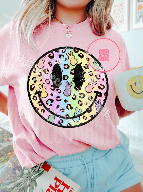 Easter PNG Smiley Face Shirt Easter Sublimation Smiley Transfer Peeps Smiley Face Sublimation Easter Shirt Peeps PNG Rainbow Daisy Smiley