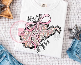 State PNG Floral Coquette West Virginia PNG Trendy Girly Shirt Design Coquette Bow State Shirt Design