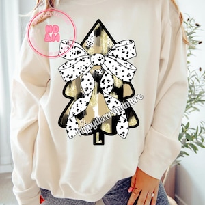 Brush Strokes Christmas Tree With Bow PNG Christmas Tree PNG Preppy Christmas PNG Dalmatian Dots Bow Preppy Png Gold Glitter