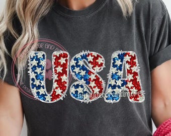 Sparkly USA PNG Faux Sequins Stars USA Shirt Design 4th of July Png Fourth of July Shirt Design