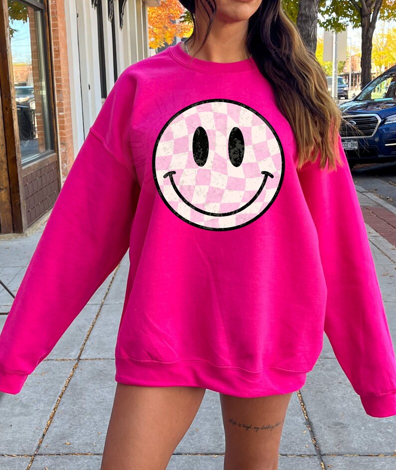 Checkered Smiley Face PNG Pink Checks Png Distressed Smiley Etsy