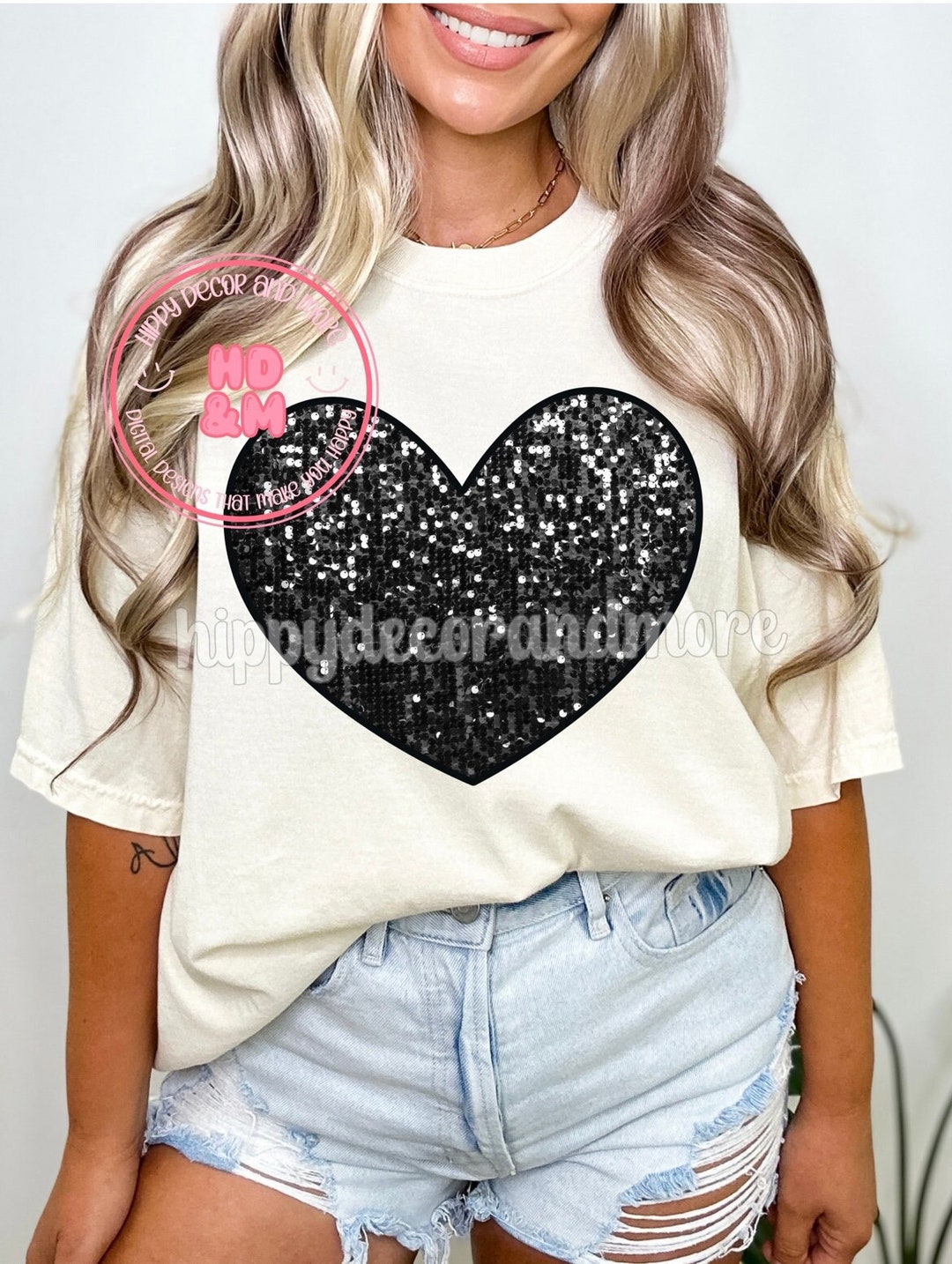 Black Sequins Heart PNG Faux Glitter Valentines Day Shirt Design