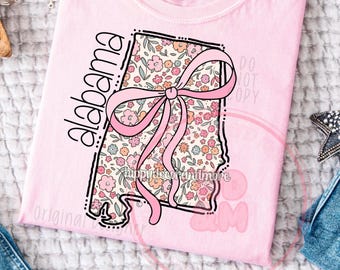 State PNG Floral Coquette Alabama PNG Trendy Girly Shirt Design Coquette Bow State Shirt Design